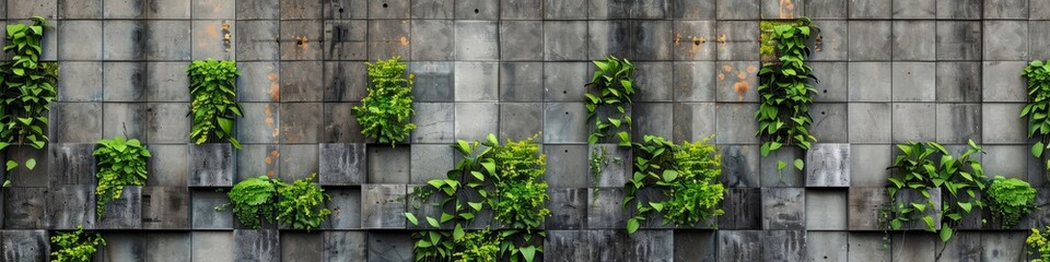 A concrete wall entirely covered by various green plants growing vertically, background, wallpaper, banner