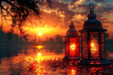 Decorative Islamic Lantern background for Festivals like Eid Ramadan Hajj Jumma Mubarak