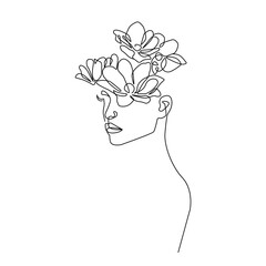 Woman Face with Flowers Line Art Drawing. Female Silhouette Minimal Illustration. Modern Trendy Line Art Drawing for Wall Decor, Fashion Minimal Print, Poster, Social Media. Beauty Logo. Vector EPS 10