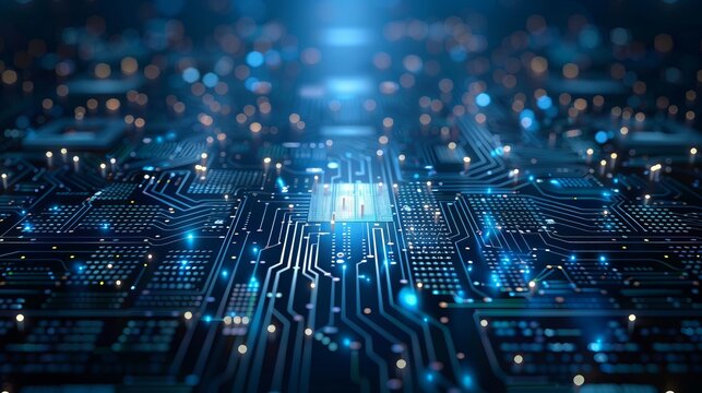 Vibrant 3d illustration of abstract technology chip processor background with circuit board and html code in blue - futuristic digital concept for design projects