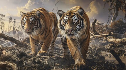 A pair of tigers prowling through a deforested landscape, their once majestic stripes now dulled by malnutrition and illness. - obrazy, fototapety, plakaty