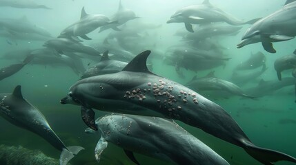 A pod of dolphins swimming listlessly in polluted waters, their sleek bodies marred by lesions and sores. with a sluggishness that betrays their deteriorating condition. - obrazy, fototapety, plakaty