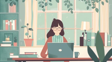 Happy student studying at home: cozy room laptop scene for back to study concept