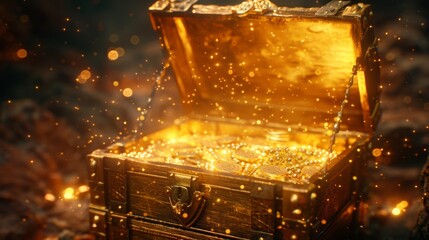 3D Illustration :   Old opened treasure chest with glowing golden rising sparkles.