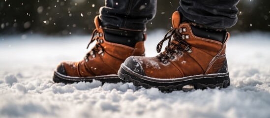 A person is standing in the snow wearing a pair of brown hiking boots, outdoor footwear perfect for winter sports and activities - Powered by Adobe