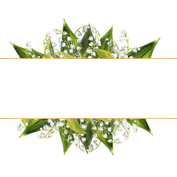 Wreath of spring flowers of lilies of the valley. Hand-drawn watercolor rectangular frame. Watercolor illustration