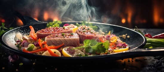 Fototapeta premium A pan filled with meat and vegetables is sizzling on the grill, creating a flavorful dish. The combination of ingredients creates a delicious meal in cookware