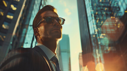 Portrait of a handsome young man in sunglasses on the background of skyscrapers. AI. - obrazy, fototapety, plakaty
