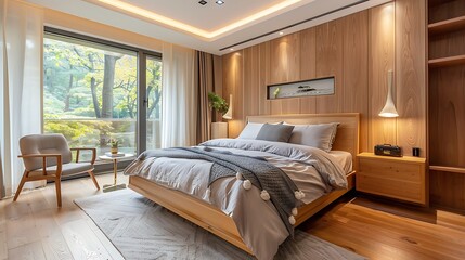 Obraz premium Modern Contemporary Bedroom Furnished With Wooden Furniture
