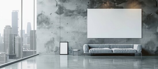 Modern office waiting area with blank white poster, couch, city view window, concrete walls, floor,...