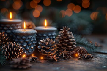 christmas still life with candle - obrazy, fototapety, plakaty