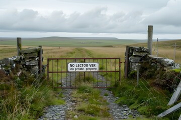 Rustic Gate with 'No Lector' Sign Amidst Open Fields under Overcast Skies. A Scene of Isolation and Restriction in the Countryside. Stock Image for Diverse Use. AI