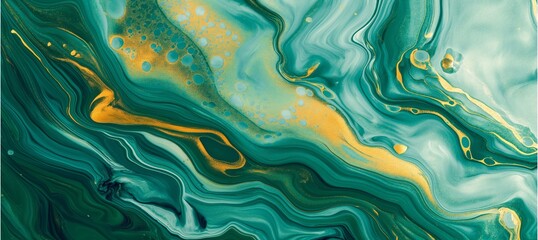 An abstract marbled acrylic paint ink brings in green and gold to life painted waves, crafting a vibrant and textured background banner. - obrazy, fototapety, plakaty