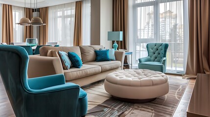 Modern interior design of cozy apartment living room with beige sofa turquoise armchairs Room with window Home design