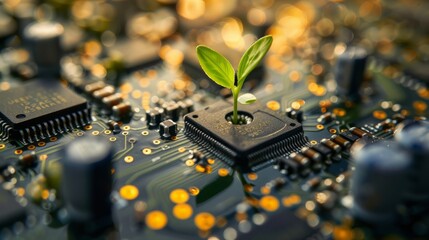 Organic integration: circuit board with microchip processor tech and sprouting plant on blurred background