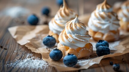 Delicious Lemon Meringue Tartlets Garnished with Fresh Blueberries on Rustic Wooden Table. Perfect Gourmet Dessert for Food Blogs or Culinary Magazines. AI - obrazy, fototapety, plakaty
