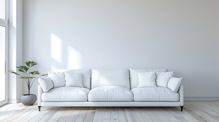 Modern interior design of living room with white sofa and empty wall background