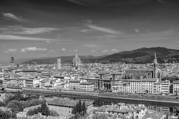 Black and white aerial view of the historic center of Florence, Tuscany, Italy, from Piazzale...