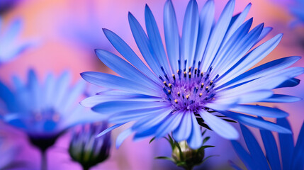 Vibrant blue daisy-like blossoms with purple hues on a colorful backdrop
