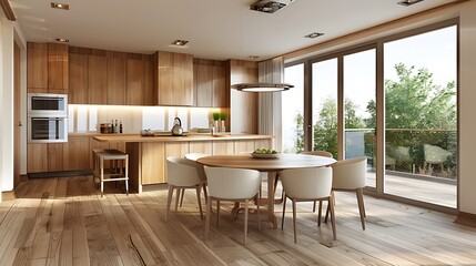 Modern interior design of wooden kitchen with round dining table and chairs near window dining table and chairs