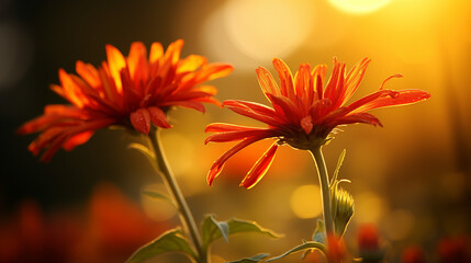 Red sunlit daisies with dew drops shining at sunset