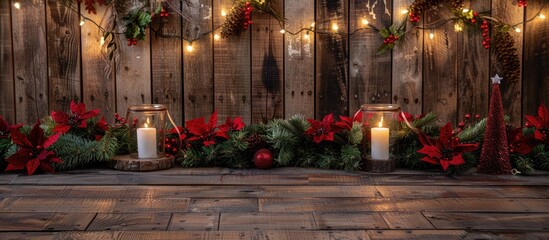 Fototapeta na wymiar Rustic wooden table backdrop - holiday theme