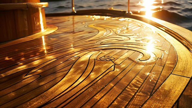 With the sunlight hitting it just right a teak deck on a luxury yacht shines like a golden treasure. The wood is intricately carved with delicate swirls and curves giving