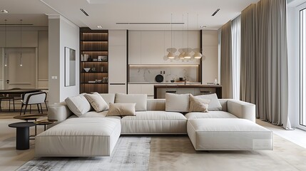 Modern Living room interior design white kitchen neutral color scheme