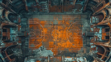 An aerial view of a basketball court located inside a building, featuring marked lines, hoops, and...