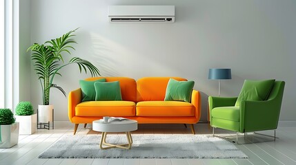 Modern Living Room Interior With Air Conditioner Orange Sofa And Green Armchair