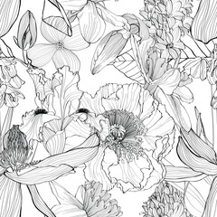 Seamless pattern with image Anemones, poppy, magnolia flowers. The Japanese anemone flowers and stem seamless pattern. 