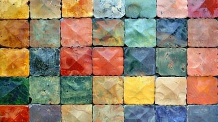 Assortment of marble blocks in vibrant hues, creating a striking backdrop or wallpaper