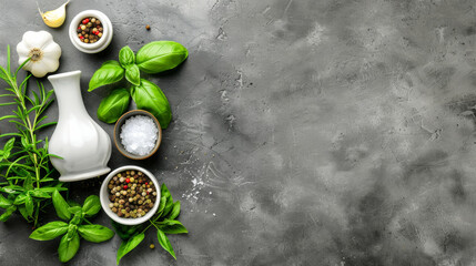 A white vase with herbs and spices on a grey background. The herbs include basil, parsley, and rosemary