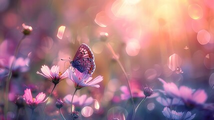 Field of Colorful Cosmos Flower and Butterfly in Nature with Sunlight. Summer, Spring, Bokeh,...