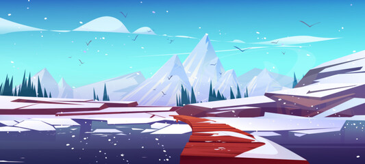 Winter natural landscape with snow mountain peaks, fur trees, wooden bridge over lake or river. Cartoon vector cold snowy scenery with high rocky hills and water pond. Northern panoramic scene.