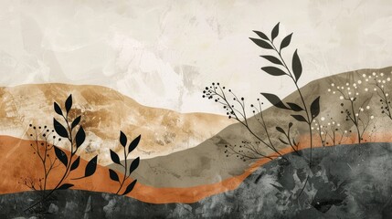 A painting depicting rolling hills and trees in earth tones, with abstract natural forms, providing a serene backdrop, background, wallpaper