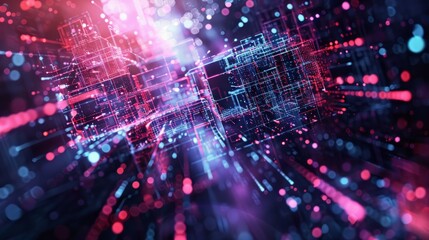 Obraz premium Cyber mosaic complex looping background with futuristic digital patterns and glowing neon accents, perfect for tech presentations, web design, and creative projects