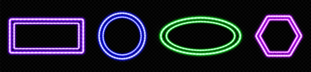 Led neon light glow frame set. Blue, pink, purple and green shape border with electric 3d effect design. Futuristic night space bar illuminate element. Bright party lamp geometric billboard shine