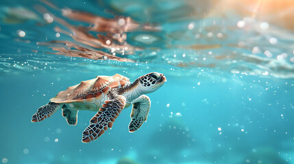 Baby Sea turtle swimming in the Ocean. Generative AI illustration  - obrazy, fototapety, plakaty