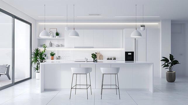 Photo of a modern and bright kitchen white color render image