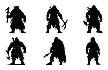 Dwarf Warrior Silhouettes vector Set, Dwarf with axe black Silhouette Clipart bundle
