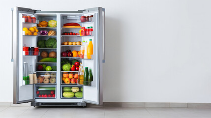Open  refrigerator with variety of food and drinks, copy space