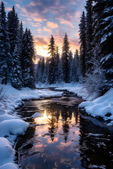 Celebrating Winter's Serene Majesty - A Glimpse into An Enchanting Winter Wonderland Under a Diamond-Studded Night Sky - obrazy, fototapety, plakaty