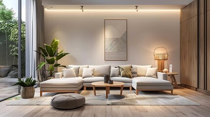 Scandinavian style and minimalist designed living room interior scene in the evening