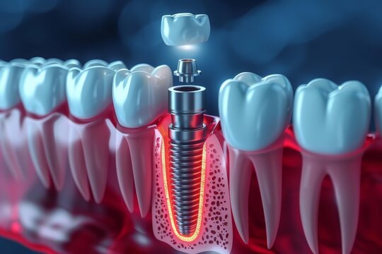 3D render of a row of theeth with one dental implant