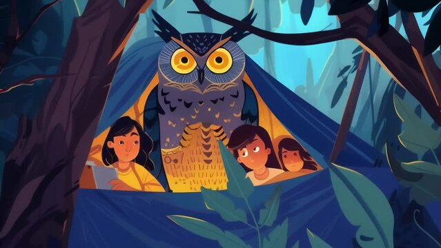 As they sit in their tent the family hears the hoot of an owl in the distance. They peek out through the tent flaps and see the owl perched on a branch observing them with