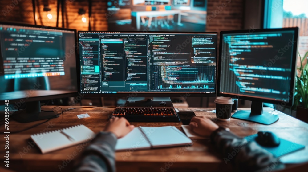Poster a focused software developer codes on a dual monitor setup in a modern office environment with a min