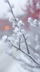 A branch covered in frost and snow. The image has a serene and peaceful mood, as the snow covers the tree and the branch