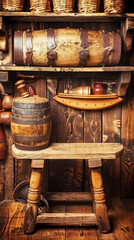 A wooden shelf with a barrel and a stool on it. The shelf is filled with various items, including a bottle, a bowl, and a cup. The atmosphere of the image is rustic and cozy, with the wooden shelf