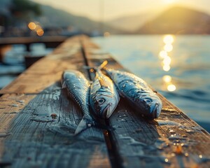 Fish bait on a wooden dock, early morning, preparation, - obrazy, fototapety, plakaty
